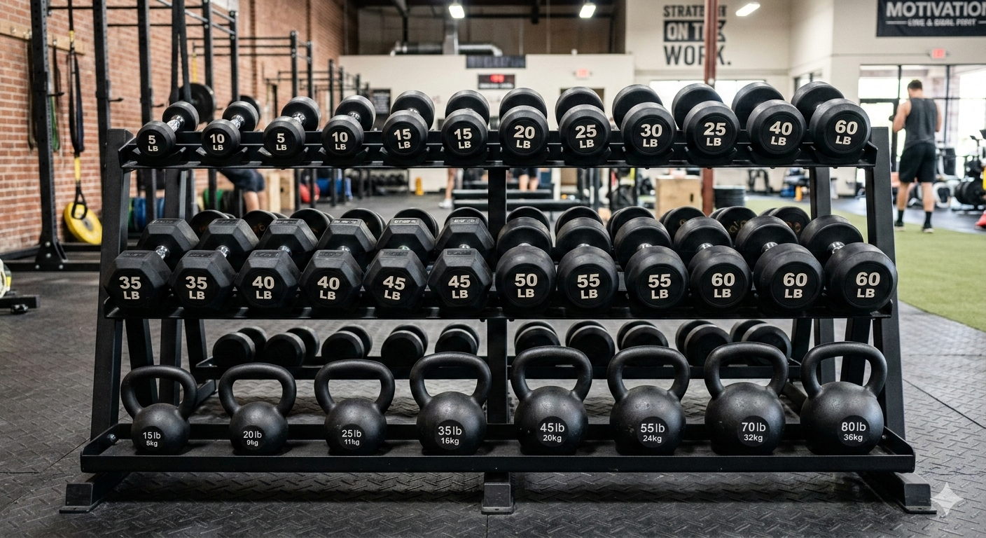 Three-tier rack loaded with rubber hex dumbbells and cast-iron kettlebells, showing clear weight labels, anti-roll heads, and chrome knurled handles for secure grip.